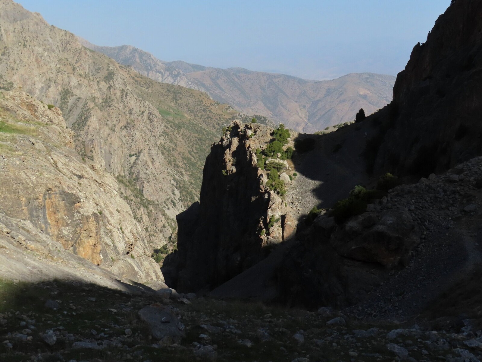 тропа пересекет распадок и уходит на следующий хребтик the trail goes down from the shelf and crosses the gulley