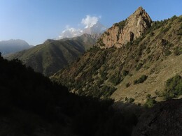      ,    View down the river from the canyon, the right-bank trail is visible